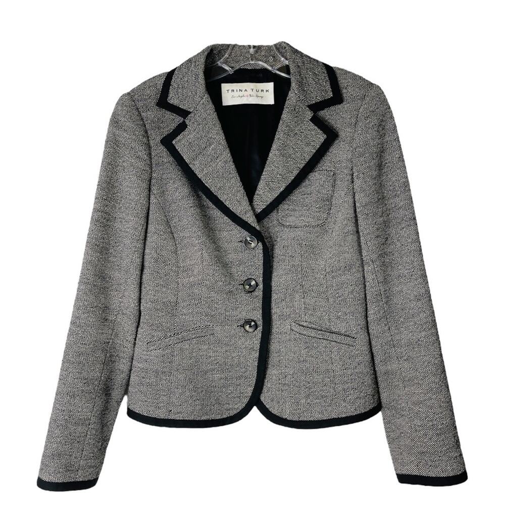 Trina Turk black white silk wool button preppy academia office blazer medium - Picture 1 of 8